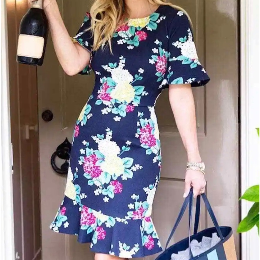 Draper James Dress Hydrangea Row Floral Peplum Medium Blue